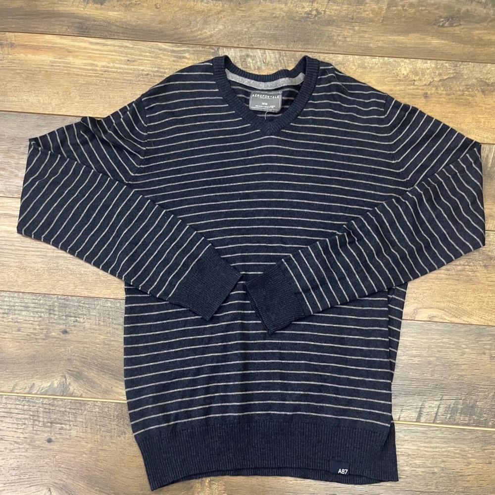 Aeropostale Mens M Navy Blue White Striped Crew Neck Sweater NWT Wool Blend